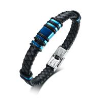 Leather Bracelet, with Stainless Steel, plated, for man, blue, 8.5mm, 11mm Approx 8.5 Inch 