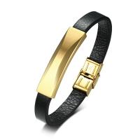 Stainless Steel Bracelet, with PU Leather, gold color plated, for man 10mm Approx 8.3 Inch 