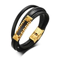 Stainless Steel Bracelet, with PU Leather, plated, for man & multi-strand Approx 16 Inch 