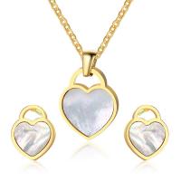 Stainless Steel Jewelry Set, Stud Earring & pendant, with White Shell, Heart, gold color plated, for woman  Approx 5mm 