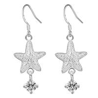 Cubic Zircon Brass Earring, Star, real silver plated, for woman & with cubic zirconia, lead & cadmium free 