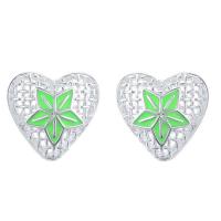 Brass Stud Earring, Heart, real silver plated, for woman & enamel & hollow, lead & cadmium free 