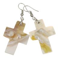 Brass Drop Earring, with Shell, Cross, silver color plated, for woman, 59mm 