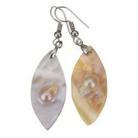 Brass Drop Earring, with Shell, Horse Eye, silver color plated, for woman, 56mm 