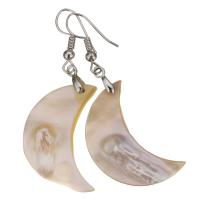Brass Drop Earring, with Shell, Moon, silver color plated, for woman, 52mm 