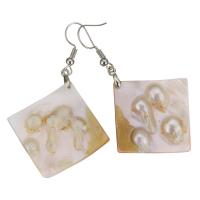 Brass Drop Earring, with Shell, Rhombus, silver color plated, for woman, 61mm 