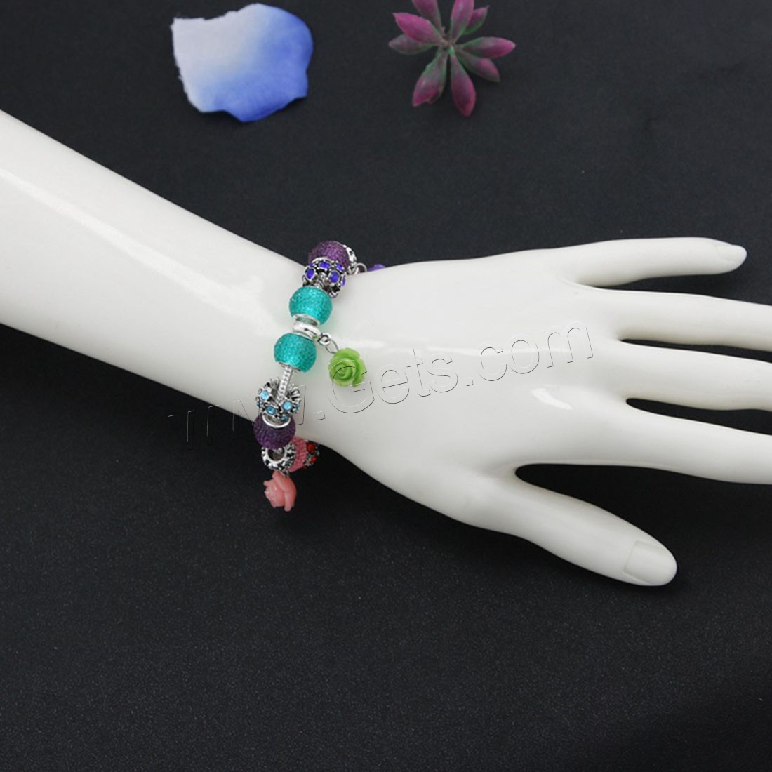 Zinc Alloy European Bracelet, with brass chain & Rhinestone Clay Pave & Resin, Flower, plated, different length for choice & snake chain & for woman, Sold By Strand