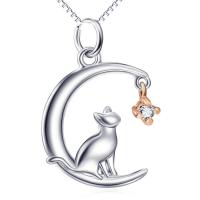 Sterling Silver Jewelry Necklace, 925 Sterling Silver, Cat, plated, box chain & for woman & with rhinestone Approx 18 Inch 