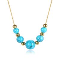 Stainless Steel Necklace, with turquoise, gold color plated & oval chain & for woman, 6mm, 14mm Approx 18 Inch 
