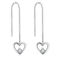 Sterling Silver Thread Through Earrings, 925 Sterling Silver, Heart, for woman & with rhinestone 