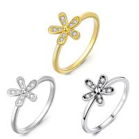 Sterling Silver Finger Ring, 925 Sterling Silver, Flower, plated & for woman & with rhinestone 9.6mm 
