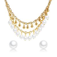 Stainless Steel Jewelry Set, Stud Earring & necklace, with Plastic Pearl, gold color plated, Double Layer & oval chain & for woman, 4mm, 5mm, 8mm, 12mm Approx 18 Inch 
