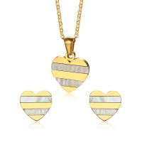 Stainless Steel Jewelry Set, Stud Earring & pendant, with White Shell, Heart, gold color plated, for woman  Approx 6mm 