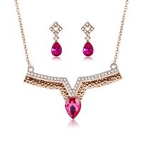Zinc Alloy Jewelry Set, earring & necklace, with Glass Gemstone, rose gold color plated, oval chain & for woman & with rhinestone  Approx 18.5 Inch 