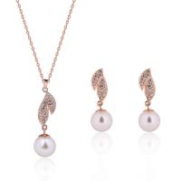 Zinc Alloy Jewelry Set, earring & necklace, with Plastic Pearl, rose gold color plated, oval chain & for woman & with rhinestone  Approx 20 Inch 