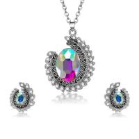 Zinc Alloy Jewelry Set, Stud Earring & necklace, with Glass Gemstone, plated, oval chain & for woman & faceted & with rhinestone & blacken  Approx 17 Inch 