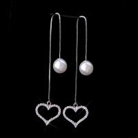 Zinc Alloy Thread Through Earrings, with ABS Plastic Pearl, iron post pin, Heart, silver color plated, for woman, lead & cadmium free 