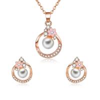 Zinc Alloy Jewelry Set, Stud Earring & necklace, with Plastic Pearl, with 2inch extender chain, rose gold color plated, oval chain & for woman & enamel & with rhinestone  Approx 16 Inch 