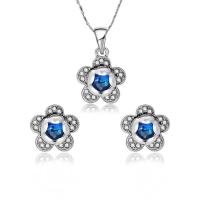 Rhinestone Zinc Alloy Jewelry Set, Stud Earring & necklace, with 2inch extender chain, Flower, silver color plated, bar chain & for woman & with rhinestone  Approx 15.5 Inch 