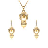 Rhinestone en alliage de zinc bijoux , boucle d'oreille & collier, Placage de couleur d'or, chaîne ovale & pour femme & avec strass  Environ 19 pouce, Vendu par fixé