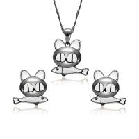 Enamel Zinc Alloy Jewelry Sets, Stud Earring & necklace, with 2inch extender chain, Cat and Fish, plumbum black color plated, bar chain & for woman  Approx 15.5 Inch 