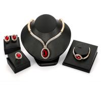 Zinc Alloy Jewelry Set, Stud Earring & collar & bangle & finger ring, with Glass Gemstone, gold color plated, for woman & faceted & with rhinestone   Inner Approx 130,55mm, US Ring 