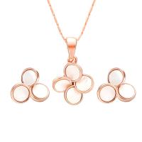 Zinc Alloy Jewelry Set, Stud Earring & necklace, with White Shell, Flower, rose gold color plated, bar chain & for woman  Approx 18 Inch 