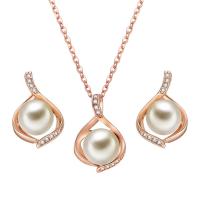 Zinc Alloy Jewelry Set, Stud Earring & necklace, with Plastic Pearl, rose gold color plated, oval chain & for woman & with rhinestone Approx 18.5 Inch 