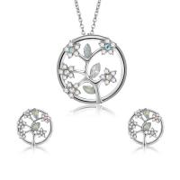 Zinc Alloy Jewelry Set, Stud Earring & necklace, with Glass, Tree, silver color plated, oval chain & for woman & faceted & with rhinestone  Approx 18 Inch 
