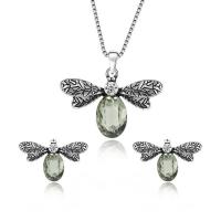 Zinc Alloy Jewelry Set, Stud Earring & necklace, with Glass Gemstone, Dragonfly, silver color plated, box chain & for woman & faceted & with rhinestone & blacken  Approx 17.5 Inch 