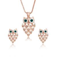 Rhinestone Zinc Alloy Jewelry Set, Stud Earring & necklace, Owl, rose gold color plated, box chain & for woman & enamel & with rhinestone  Approx 17.5 Inch 