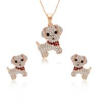 Rhinestone Zinc Alloy Jewelry Set, Stud Earring & necklace, Dog, rose gold color plated, bar chain & enamel & with rhinestone  Approx 17.5 Inch 