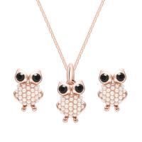 Zinc Alloy Jewelry Set, Stud Earring & necklace, with Plastic Pearl, Owl, rose gold color plated, bar chain & for woman & with rhinestone  Approx 18 Inch 