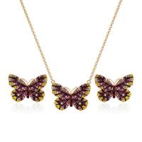 Rhinestone Zinc Alloy Jewelry Set, Stud Earring & necklace, Butterfly, gold color plated, oval chain & for woman & enamel & with rhinestone Approx 20 Inch 