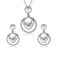 Zinc Alloy Jewelry Set, earring & necklace, with Plastic Pearl, silver color plated, oval chain & for woman & with rhinestone  Approx 17 Inch 
