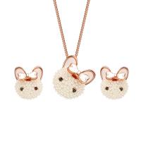 Zinc Alloy Jewelry Set, Stud Earring & necklace, with Plastic Pearl, Cat, rose gold color plated, box chain & for woman & enamel & with rhinestone  Approx 18 Inch 