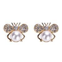 Zinc Alloy Stud Earring, with Plastic Pearl, Bee, gold color plated, for woman & with rhinestone 