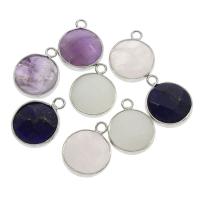 Gemstone Brass Pendants, with Brass, Flat Round, platinum color plated & faceted Approx 1mm 