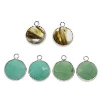 Gemstone Brass Pendants, with Brass, Flat Round, platinum color plated & faceted Approx 1mm 