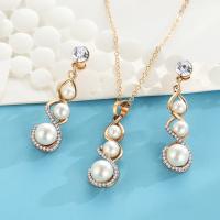 Zinc Alloy Jewelry Set, earring & necklace, with Plastic Pearl, with 1.9lnch extender chain, gold color plated, vintage & oval chain & for woman & faceted & with rhinestone & hollow, 42mm ,38mm Approx 16.5 Inch 