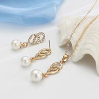 Zinc Alloy Jewelry Set, earring & necklace, with Plastic Pearl, with 2.3lnch extender chain, gold color plated, vintage & oval chain & for woman & with rhinestone & hollow, 48mm ,36mm Approx 16.1 Inch 