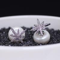 Brass Double Faced Stud Earring, with ABS Plastic Pearl, platinum plated, for woman & with cubic zirconia, lead & cadmium free 