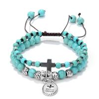 Synthetic Turquoise Bracelet, with Nylon Cord & Non Magnetic Hematite & Zinc Alloy, Round, antique silver color plated, Unisex & adjustable, 6mm, 4mm Approx 7.5 Inch 
