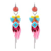 Zinc Alloy Lever Back Earring, with Feather & Nylon Cord, iron earring lever back clip, platinum color plated, for woman & enamel & with rhinestone, lead & cadmium free, 83mm 