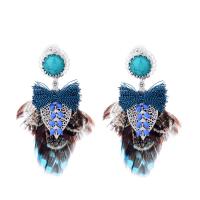 Zinc Alloy Drop Earring, with Feather & Nylon Cord & Synthetic Turquoise, stainless steel post pin, antique silver color plated, for woman & with resin rhinestone, lead & cadmium free, 65mm 