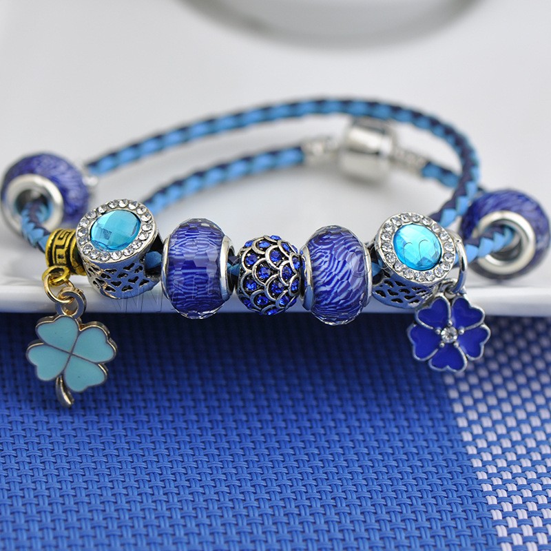 Leather European Bracelet, with Crystal & Zinc Alloy, plated, different length for choice & for woman & enamel & faceted & with rhinestone & 2-strand, Sold By Strand
