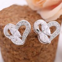 Brass Stud Earring, with plastic earnut, Heart, platinum plated, for woman & with cubic zirconia, lead & cadmium free 