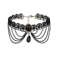 Fashion Choker Necklace, Lace, with iron chain & Resin & Zinc Alloy, iron lobster clasp, with 5cm extender chain, antique bronze color plated, for woman & faceted, black, 60mm Approx 11.5 Inch 