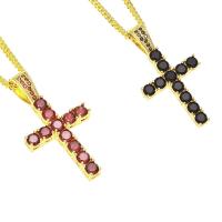 Brass Cubic Zirconia Necklace, Cross, real gold plated, curb chain & for woman & with cubic zirconia Approx 24 Inch 