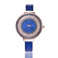 Women Wrist Watch, PU Leather, with acrylic rhinestone & zinc alloy dial & Glass, Flat Round, rose gold color plated, adjustable & for woman & with rhinestone Approx 8.5 Inch 